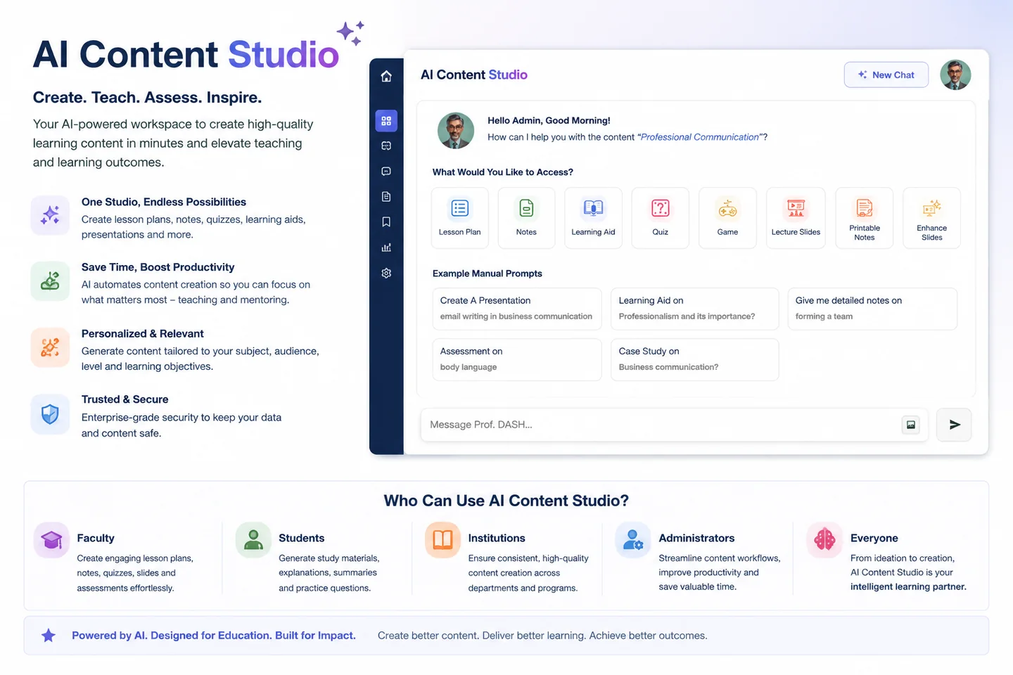 AI Content Studio interface showing source upload, content types and generated learning outputs