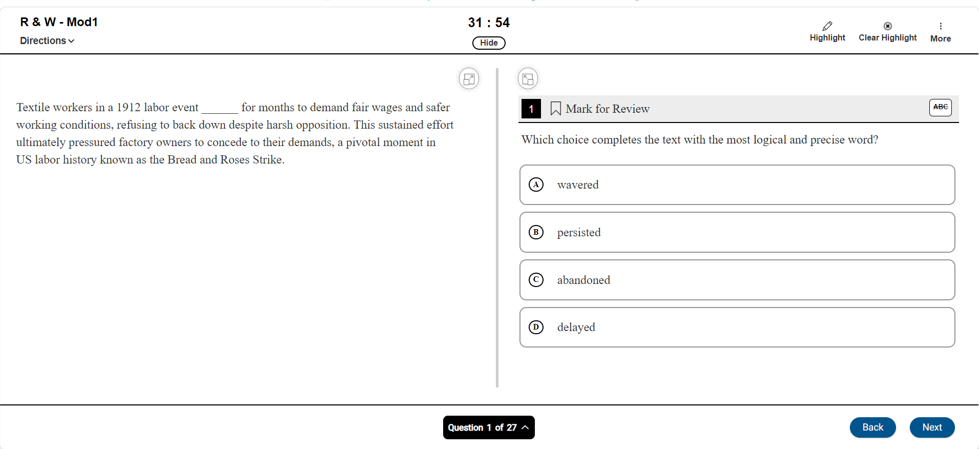 Tribyte DSAT test screen with passage, question and answer choices