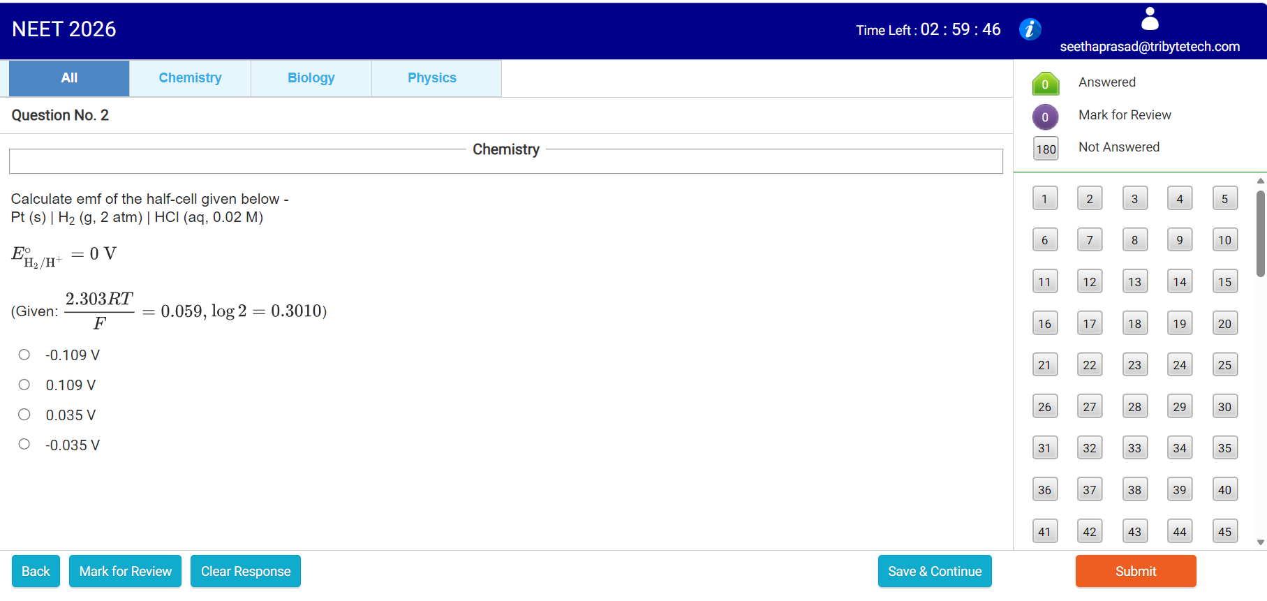 Tribyte NEET test screen with subject navigation and question palette